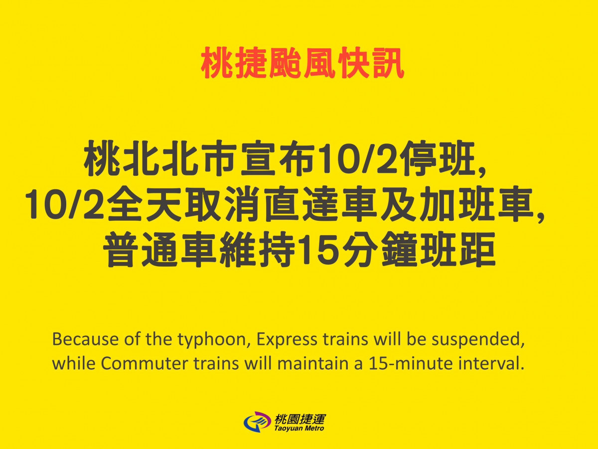 因應山陀兒颱風來襲　桃捷公司公告10/2營運模式 台灣好新聞 第1張