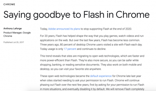 Adobe宣佈在2020年徹底停止Flash更新 Web端使用率從80%銳減到17%-雪花新聞