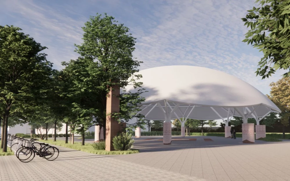 圖/祭儀廣場的設計融合原住民族文化意象與現代建築語彙,主體天幕採鋼骨薄膜穹頂結構,弧形造型靈感取自原民頭飾意象。(完工模擬圖,新北市政府原民局提供)