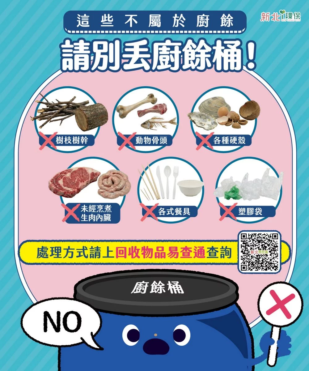 圖／動物骨頭、硬殼、未烹煮的生肉、內臟及其製品均非屬廚餘類別，請民眾使用專用垃圾袋。（新北市政府環保局提供）