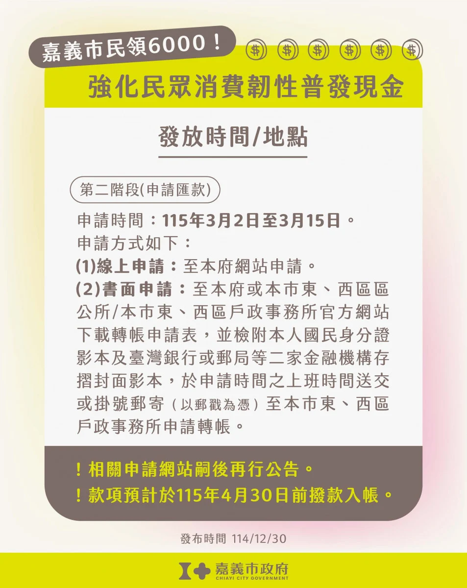 嘉義市加碼普發現金6000發放時間及地點／嘉義市府提供