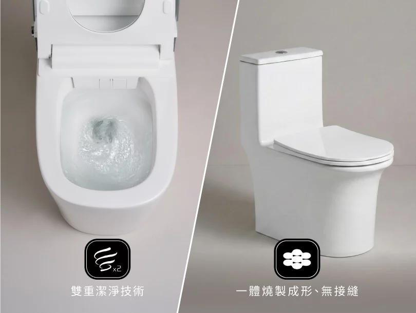 圖／OVO智能馬桶系列「雙重潔淨技術」，一沖就乾淨；省水單體馬桶系列無接縫設計，清潔更省力（OVO京典衛浴提供）