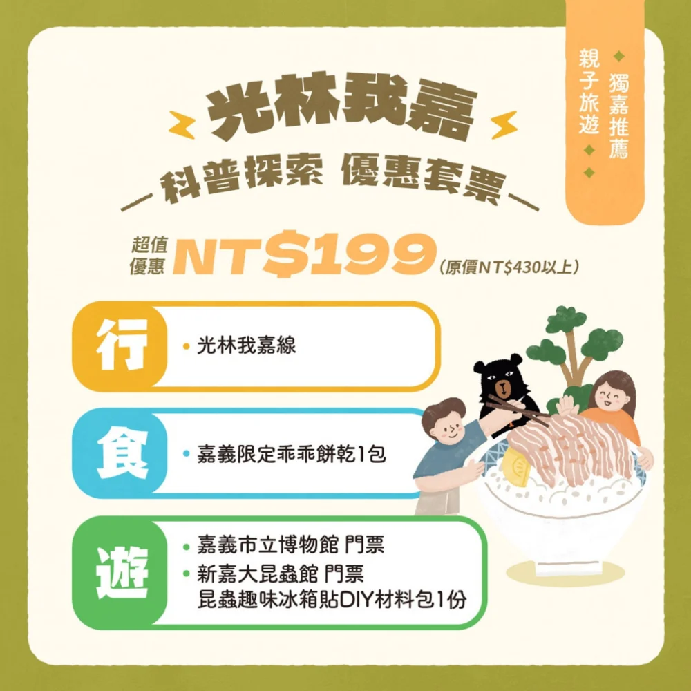 嘉義市府推出「馬不停蹄來嘉遊」系列小旅行活動，另同步推出「199元台灣好行光林我嘉線優惠套票」／嘉義市府提供