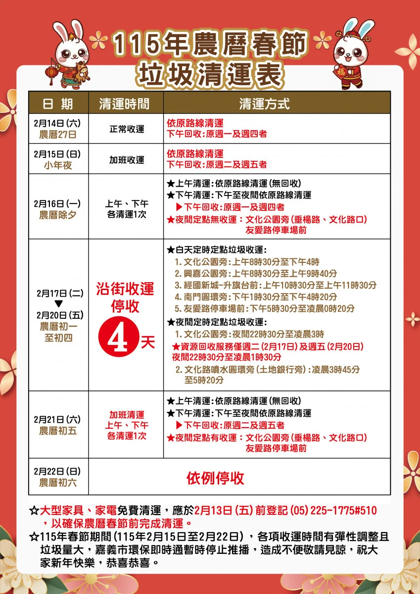 嘉義市115年農曆春節垃圾清運表／嘉義市府提供