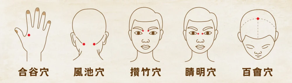  遵循「由遠到近」原則，輕輕按壓穴位，進行眼部保養，消除疲勞