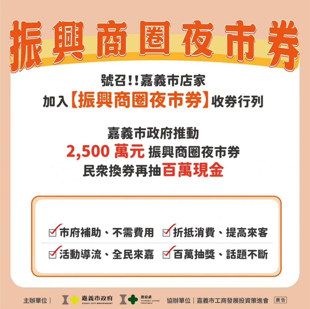 嘉義市政府推出加碼方案「振興商圈夜市券」，將於3月2日正式開始兌換／市府提供