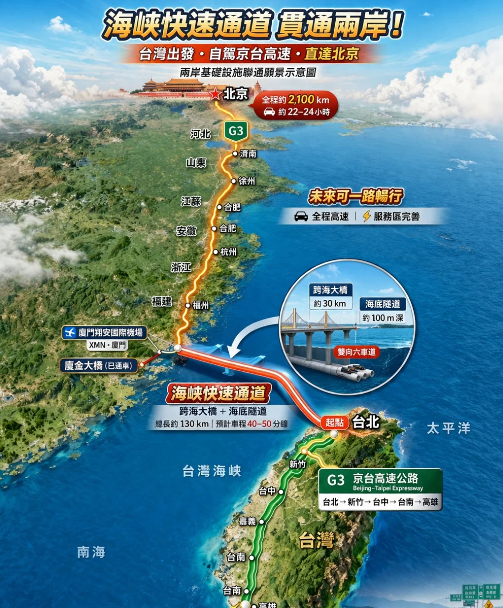 本圖為AI生成模擬「海峽快速通道」願景示意，實際路線以北京官方公布為準。