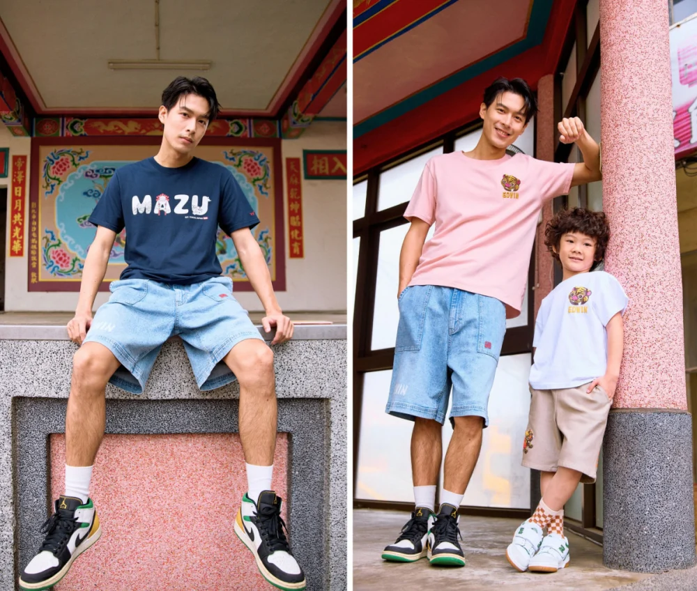 媽祖聖母冠潮流短袖T恤X白沙屯鬆緊帶寬版丹寧短褲穿搭示範。