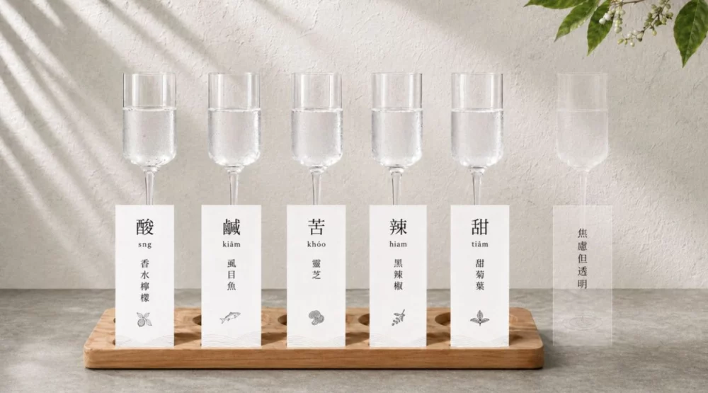 圖／拾階而上來到「水試所 ALA」三樓，用一杯水「品味人生旅程（五味）」。看似透明澄澈的液體，卻透過「新世界系調和水（New World Blended Water）」的黑科技，完美承載了酸甜苦辣鹹，甚至能嚐出是在地虱目魚的鮮甜風味。水試所ALA 邀請您親自來品嘗「#人生之五味四態三念」，喝出屬於自己的箇中滋味！（喝好點 提供）