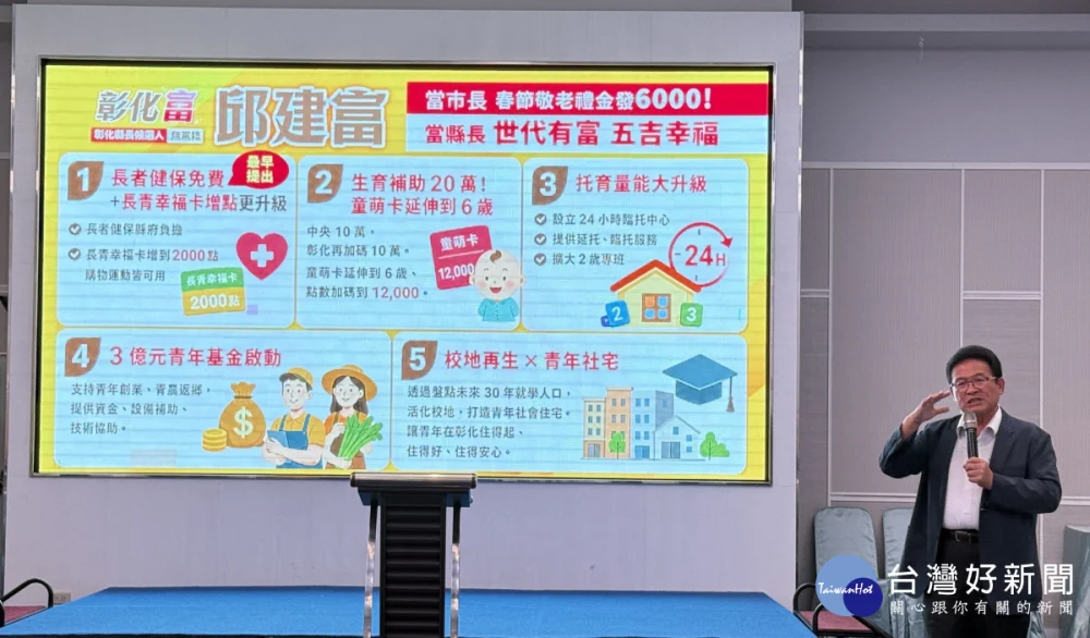 邱建富提出「世代有富、五吉幸福」五大福利政策。圖／記者鄧富珍攝