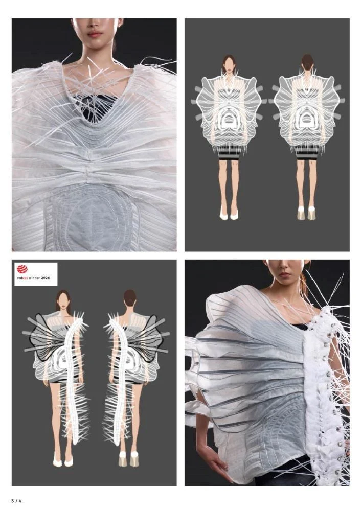 嶺東科技大學服飾設計系陳依亭畢業製作《骨建築》榮獲2026紅點設計概念獎。（圖/嶺東科技大學）