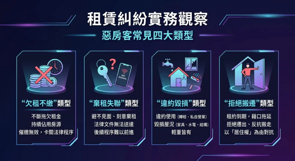 圖／台灣偵探職業總會歸納租賃糾紛實務，列出惡房客常見四大類型：欠租不繳、棄租失聯、違約毀損及拒絕搬遷。建議房東面臨爭議時，採取合法途徑蒐證，避免私自強行處置。（AI生成，台灣偵探職業總會提供）