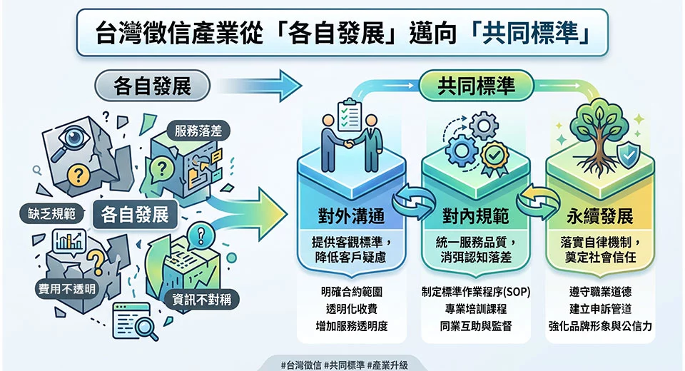 圖／台灣徵信產業近年正悄然轉型，從各自發展走向共同標準，透過對外溝通、對內規範與永續發展三階段，逐步建立可被檢驗的產業信任基礎。（AI生成，台灣偵探職業總會提供）