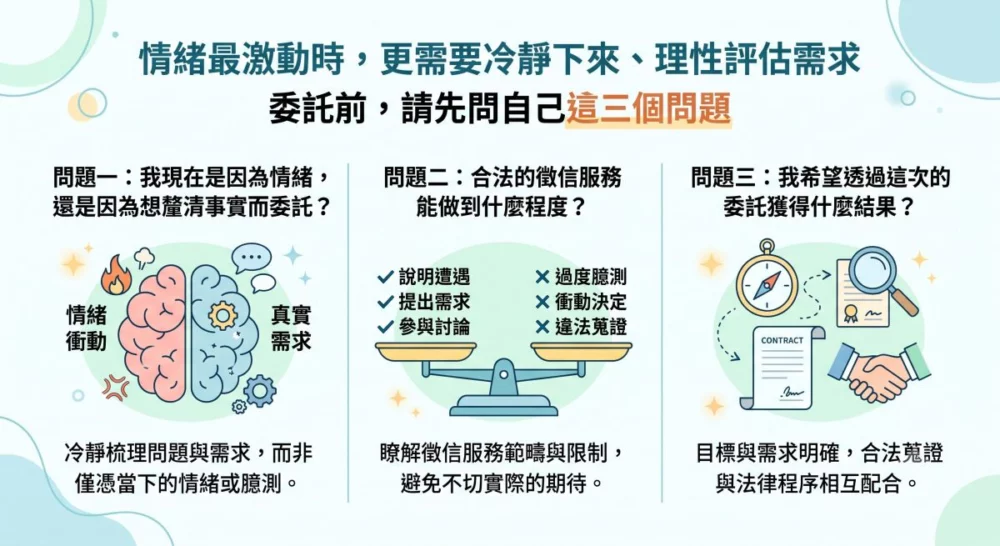 圖／委託徵信服務前，先釐清情緒與真實需求、瞭解服務範疇限制，並確認委託目標，讓證據蒐集和後續程序能相互配合。（AI示意，台灣偵探職業總會提供）