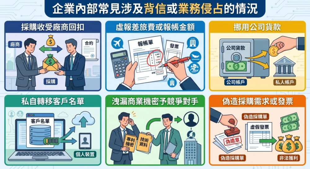 圖／從收受回扣、虛報帳款到挪用貨款、洩漏機密等，企業內部背信與侵占案件樣態多元，皆是企業內控不可輕忽的高風險環節。（AI示意，錦品徵信社提供）