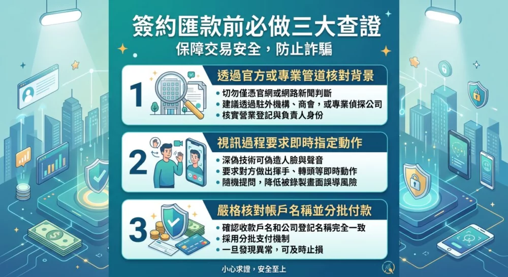 圖／深偽技術門檻低，詐騙集團利用AI生成假人進行跨境視訊會議洽談合作。錦品徵信社提醒，企業應於會議中隨機提問並要求即時動作，避免落入虛擬詐騙陷阱。（AI生成，錦品徵信社提供）