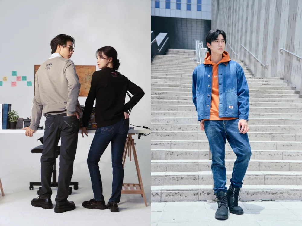穿搭示範–JERSEYS迦績褲（圖左）、RED LABEL 365 溫控丹寧中腰窄管直筒褲（圖右）。