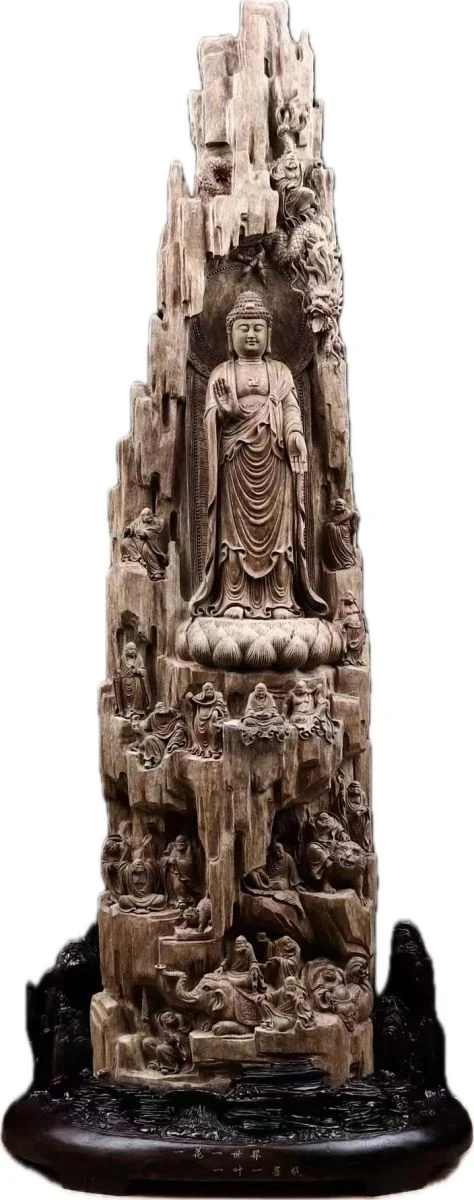 圖/十八羅漢拜佛祖,126╳30cm,巴布亞沉香。(社團法人中華藝術文化新創協會提供)